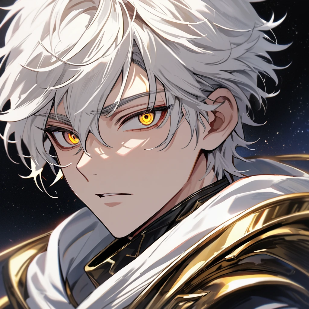 High quality, HD, 4k, no shadows, handsome male, handsome, 1male, 18 years old, 18yo, short white hair, white hair, white hair, white hair, sharp eyes, deep golden colored eyes, dark gold colored eyes, deep gold eyes, gold eyes, devil may cry, close up, calm expression, stoic expression, black leather clothes, white leather clothing, lean body, well trained body, upper body, looking at viewer, cowboy shot, white solar, space background