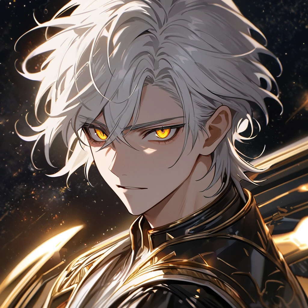High quality, HD, 4k, no shadows, handsome male, handsome, 1male, 18 years old, 18yo, short white hair, white hair, white hair, white hair, sharp eyes, deep golden colored eyes, dark gold colored eyes, deep gold eyes, gold eyes, devil may cry, close up, calm expression, stoic expression, black leather clothes, white leather clothing, lean body, well trained body, upper body, looking at viewer, cowboy shot, white solar, space background