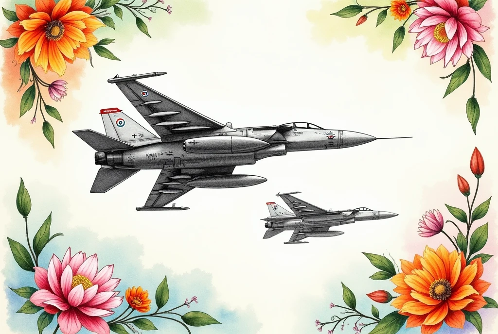 Indian independence day airforce sketch with some unique flowers at borders depicting Indian struggle