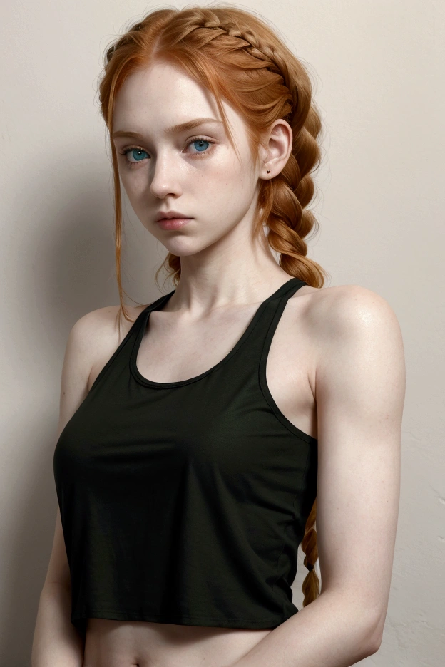 A girl, pale skin, freakles, long two French braids on both side, ginger hair, green eyes, black tank top, normal fit body, earpuds, serious stern face.