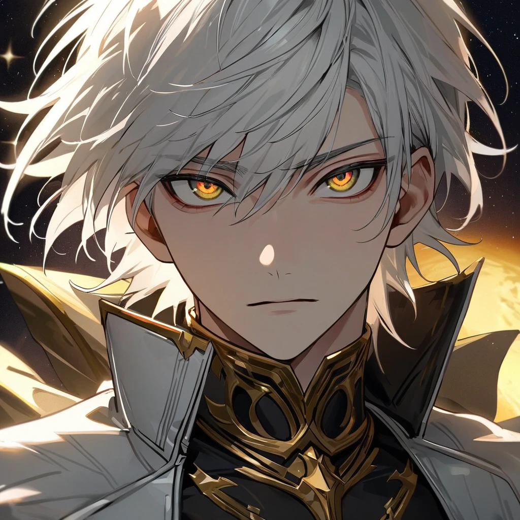 High quality, HD, 4k, no shadows, handsome male, handsome, 1male, 18 years old, 18yo, short white hair, white hair, white hair, white hair, sharp eyes, deep golden colored eyes, dark gold colored eyes, deep gold eyes, gold eyes, devil may cry, close up, calm expression, stoic expression, black leather clothes, white leather clothing, lean body, well trained body, upper body, looking at viewer, cowboy shot, white solar, space background