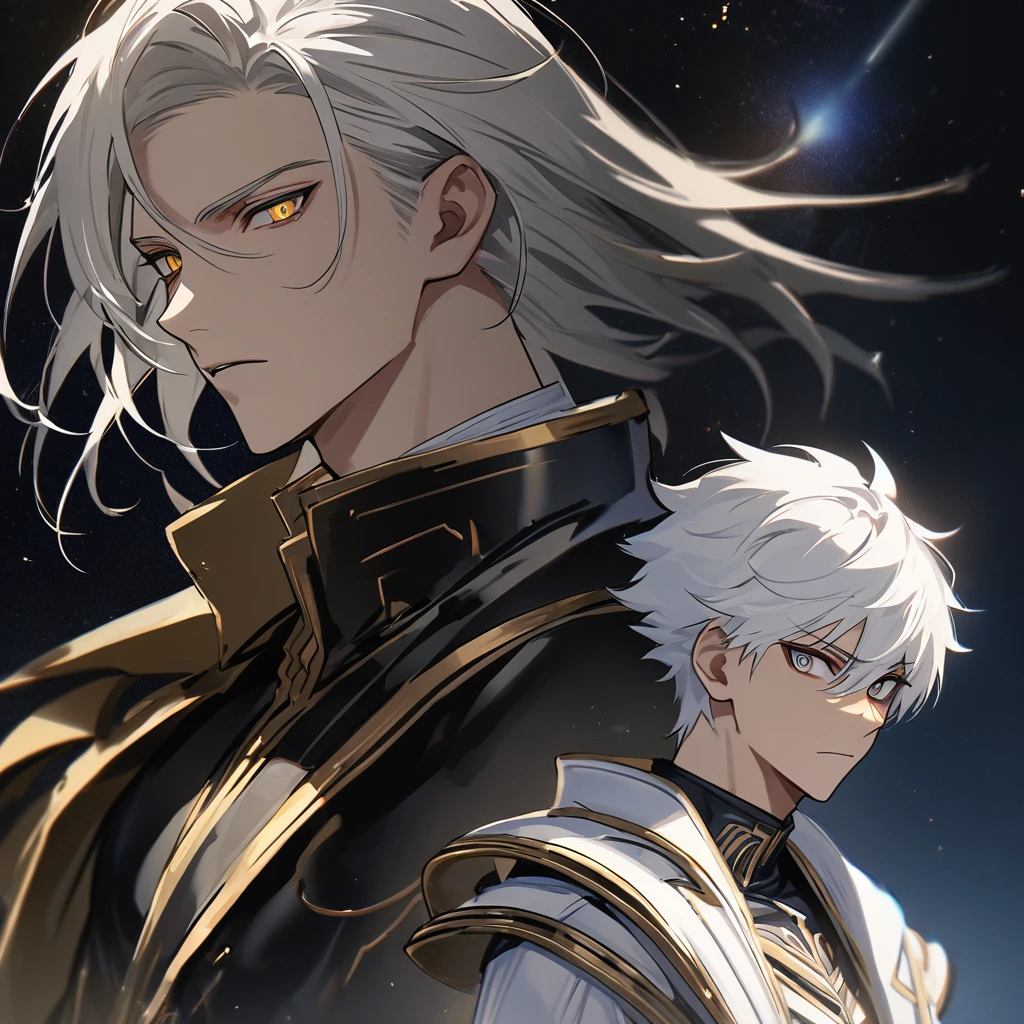 High quality, HD, 4k, no shadows, handsome male, handsome, 1male, 18 years old, 18yo, short white hair, white hair, white hair, white hair, sharp eyes, deep golden colored eyes, dark gold colored eyes, deep gold eyes, gold eyes, devil may cry, close up, calm expression, stoic expression, black leather clothes, white leather clothing, lean body, well trained body, upper body, looking at viewer, cowboy shot, white solar, space background