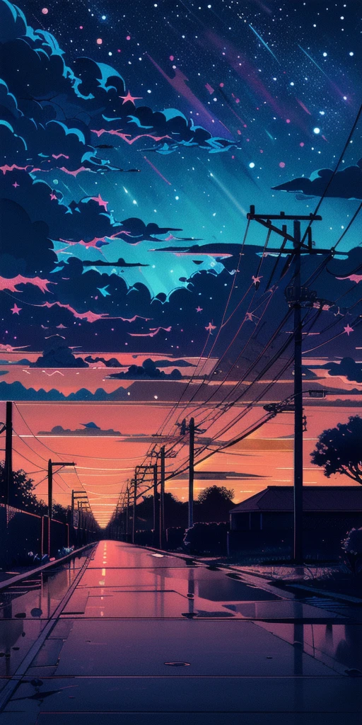 Retro_neon, cloud, null, No humans, scenery, Outdoor, Power lines, sunset, star (null)