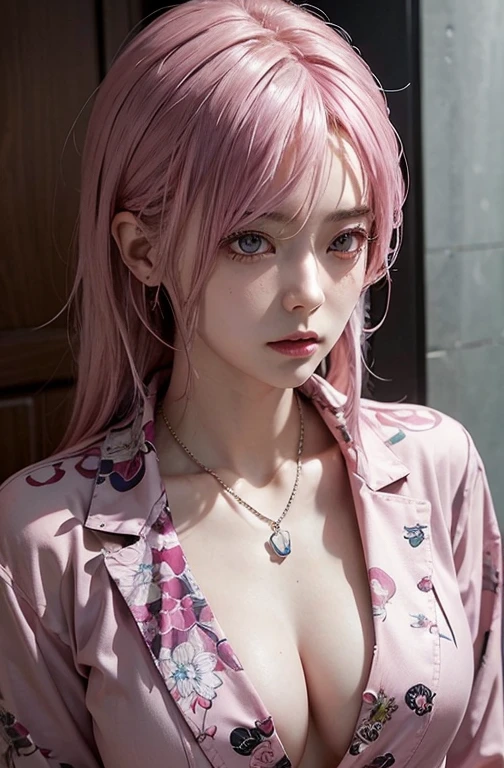 Cool women、y、Center of chest、Rize from Chainsaw Man、beauty、Yandere、、Face close-up、Chest tattoo、suit、necklace、(look up)、(Pink Hair)、).((Save face image))、((Hotel)).