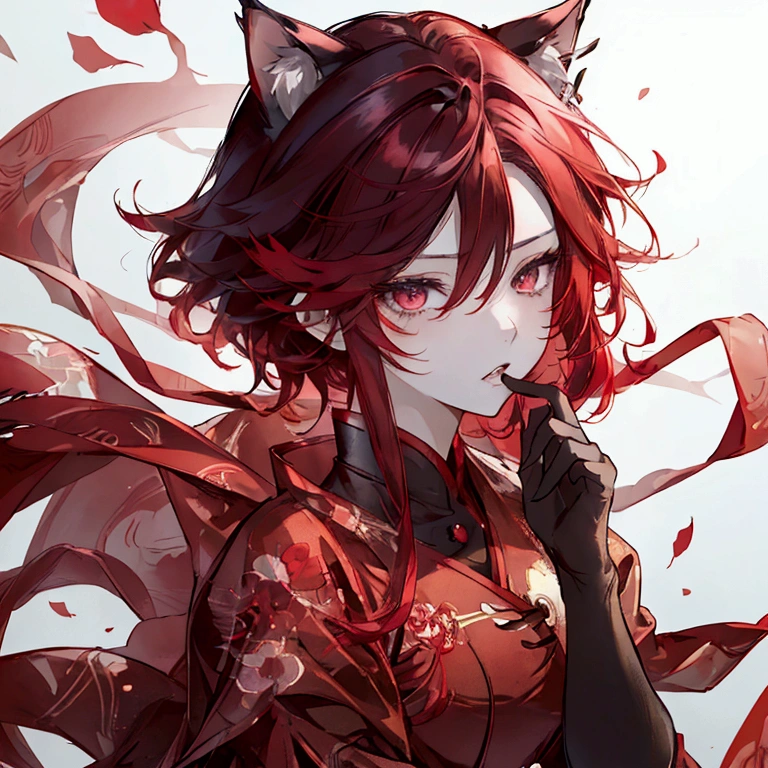 、Cat ears、Red gradient hair、Red eyes、Short messy hair、Hair between the eyes、Highly detailed eyes and face、high quality、Studio Lighting、Super Fine Art、Sharp Focus、Physically Based Rendering、Bright colors、Anime Style、Digital Art