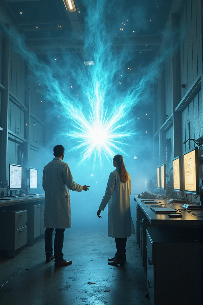 The scientist activates the artifact. The room fills with a blinding light, and the artifact emits a shadowy wave that engulfs the room. The screens flicker, and the researchers collapse one by one, their eyes turning black.