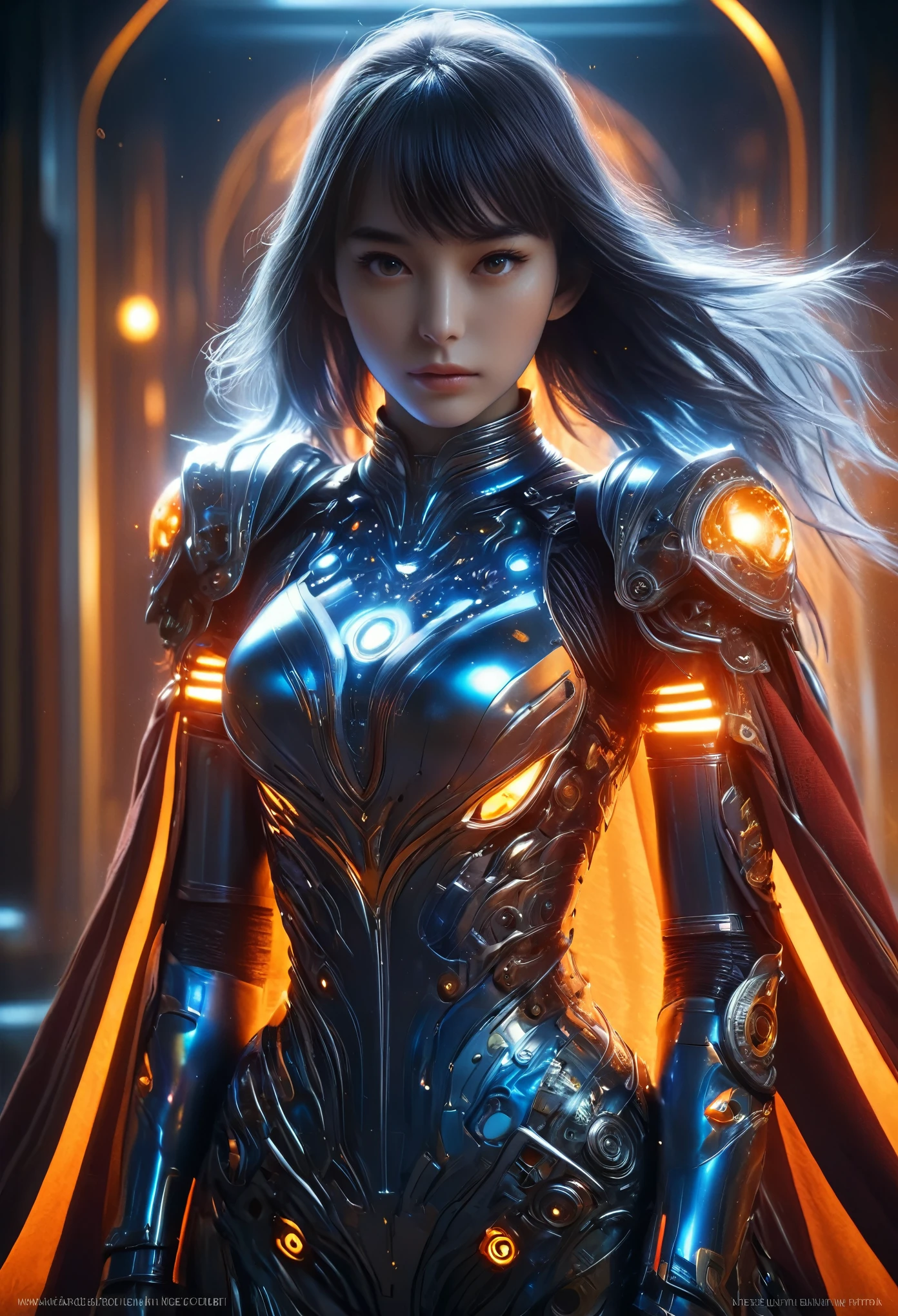 (Best Quality, 4K, 8K, High Resolution, Masterpiece: 1.2), (Super Detailed, Realistic, Photorealistic:1.37), A woman in futuristic clothing, Trending on cgstation, Trending on cgstation, (Portrait of a girl in the Knights of the Zodiac:1.4), blunt bangs, Cute Cyborg Girl, Perfect android girl, Portrait Astronaut Girl, Beautiful girl cyborg, (Girl wearing iridescent and red black mechanical cyber armor:1.3), Game CG, cgsociety and fenghua zhong, Beautiful Cyborg Shrine Maiden, Bioluminescence, (Yua Yaiba:0.5), (Golden eyes:1.5), Anatomically correct grip, (Sharp and long claws:1.4), erotic and sexy, black, wearing A gorgeous cape with beautifully detailed embroidery, (beautiful tits, beautiful breasts, beautiful nipples:1.5), (NSFW:1.5)