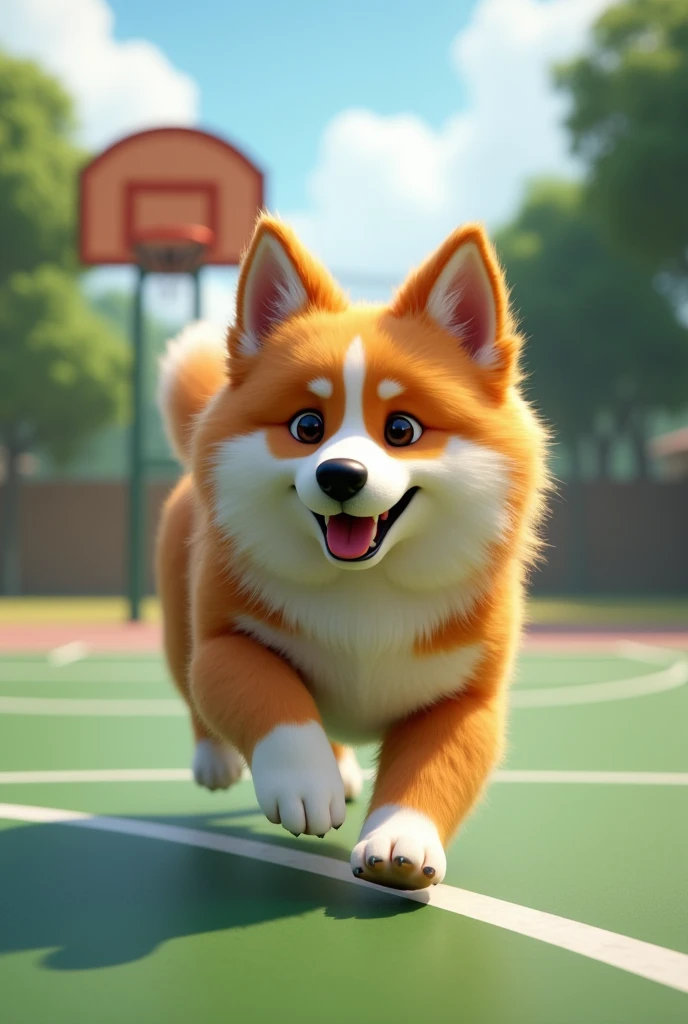 Fluffy adult Frederick Shepherd playing on basketball court