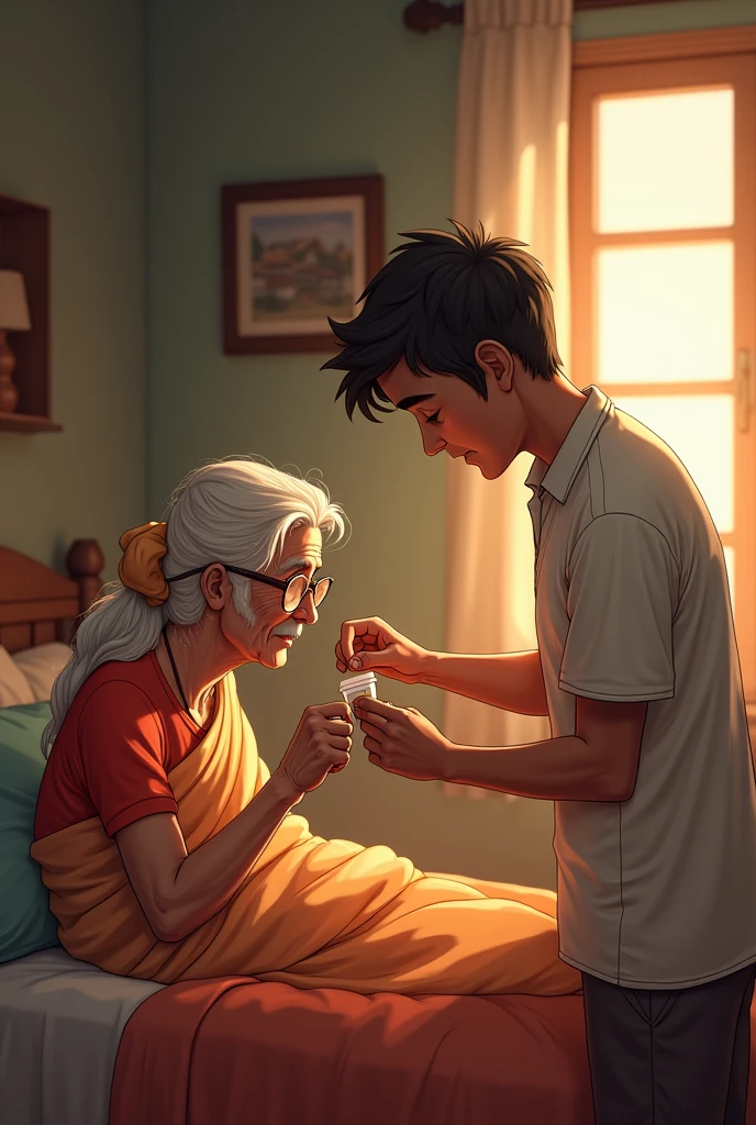 Depict a scene where the once-poor young boy Ravi is lovingly taking care of his parents, who are now receiving proper medical treatment. The setting is a modest but comfortable home. Ravi is seen attentively helping his parents, perhaps offering medicine or ensuring they are comfortable in bed. His parents look relieved and grateful. The atmosphere is warm and nurturing, symbolizing the positive change in their lives and Ravi’s deep love and gratitude towards his family.