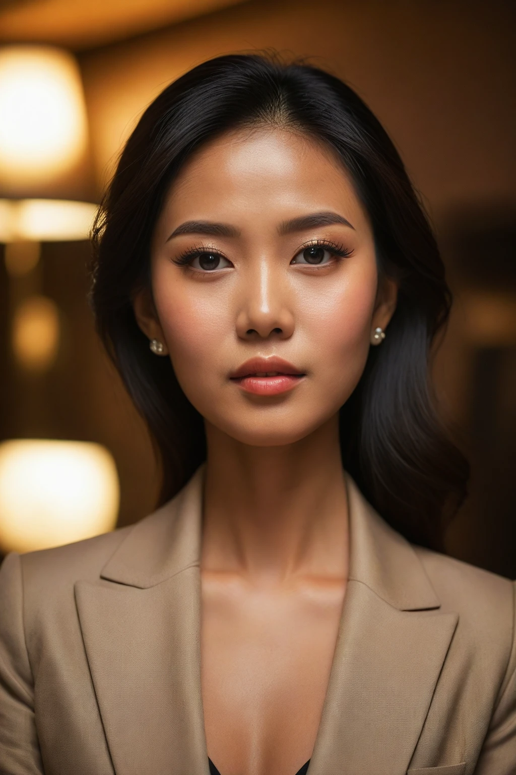 (perfect eyes), (detailed skin), (half-body portrait), Realistic Indonesian woman, early 20s, alluring beauty, classic Asian features, upscale night lounge, warm ambient lighting, contemporary decor, stylish business suit, elegant accessories, luxury watch, engaging presence, soft focus, detailxl