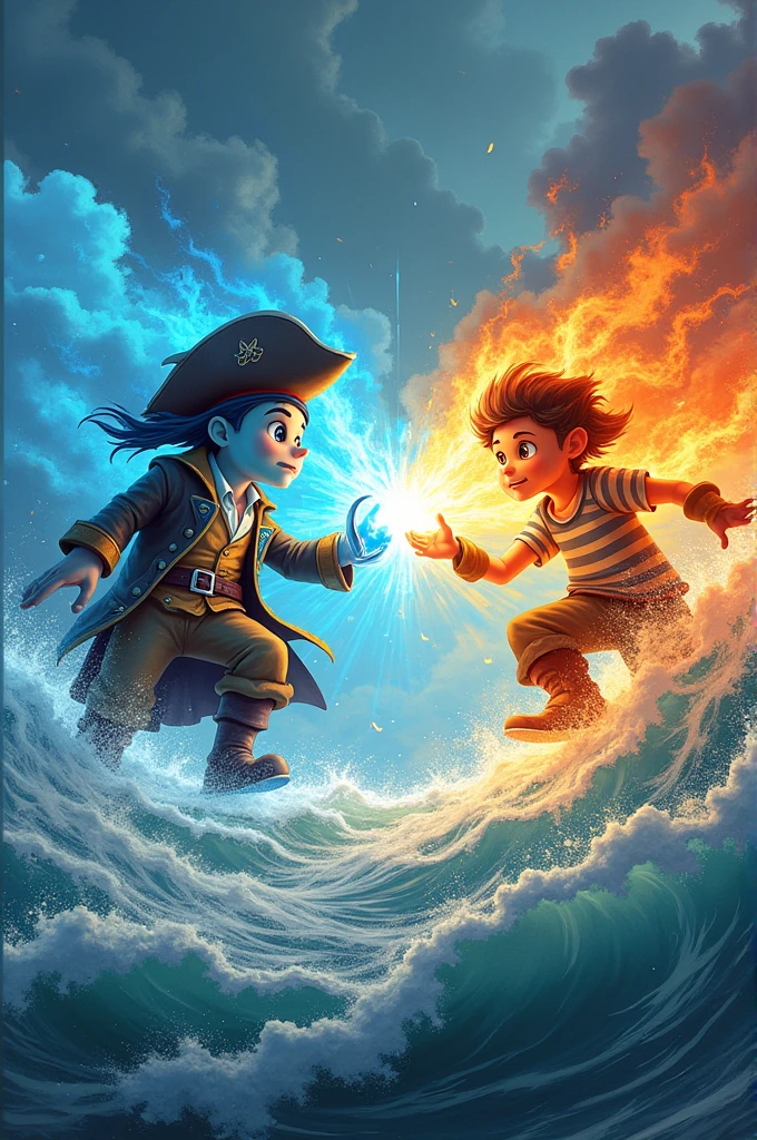A cartoon pirate with ice powers battling a cartoon sailor with fire powers