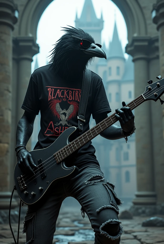 Crow with black glasses,dressed in ripped jeans and a black t-shirt that says "Blackbird Ashes". playing bass. In a castle where Dracula's shadow can be seen battling a vampire hunter