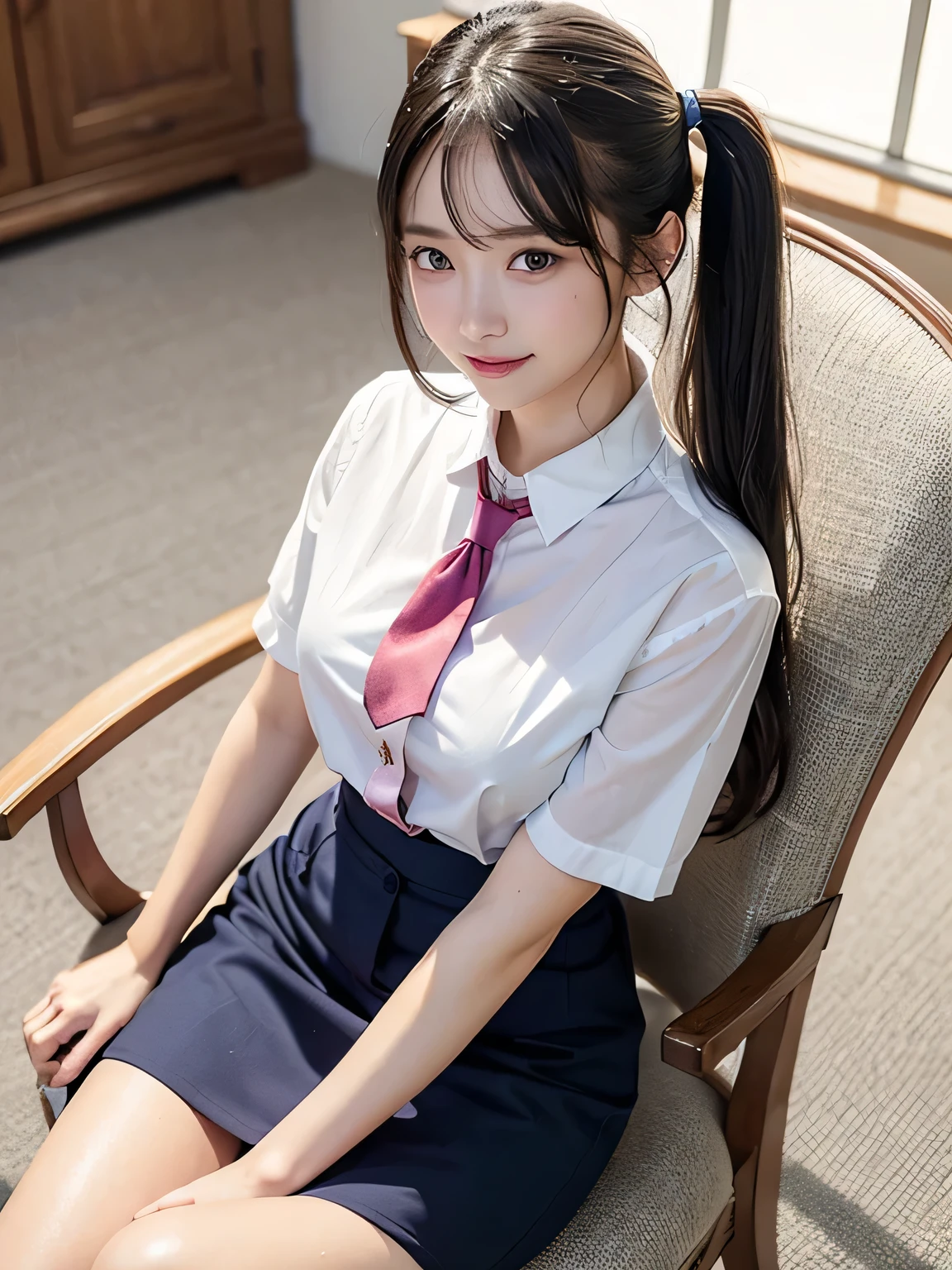 product quality, 1girl, upper body shot, front view, a Japanese young pretty girl, long bob hair, sitting with a big smile on a chair in a crowded restaurant in the sunset, glamorous figure, wearing a white collared shiny satin shirt of long sleeves, shiny satin dark blue plain long tie, dark blue pleated long skirt, hyper cute face, glossy lips, double eyelids in both eyes, natural makeup, long eyelashes, shiny smooth light brown long bob hair, asymmetrical bangs, a tanned skin, central image, high resolution, high detail, detailed hairstyle, detailed face, spectacular cinematic lighting, octane rendering, vibrant, hyper realistic, perfect limbs, perfect anatomy