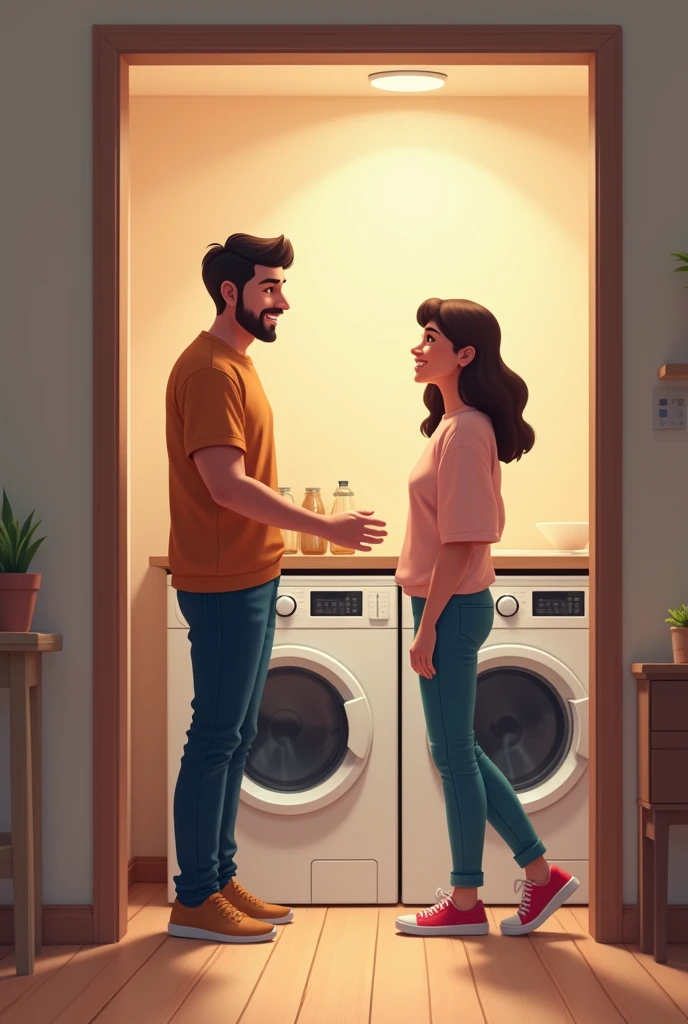 Happy married couple viewing a space in their apartment laundry section without washing machines in the background where they could place a product with dimensions of 189 cm high