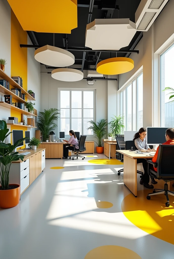 Unique wide-angle office space with main color tones of white, black, beige, yellow and lego concept