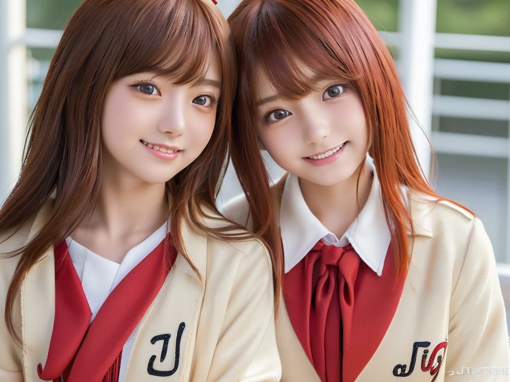(2 beautiful japanese girls in bright lighting, facelight, photorealistic, adult, cute, sexy, slim, very beautiful detailed eyes, half-lidded eyes, extremely detailed face, (very short fluffy hair:1.0), (red hair color:1.2), clear eyes, (ecstasy, orgasm, erotic:1.2), close-up of face, smiling, (junior highschool uniform:1.5))