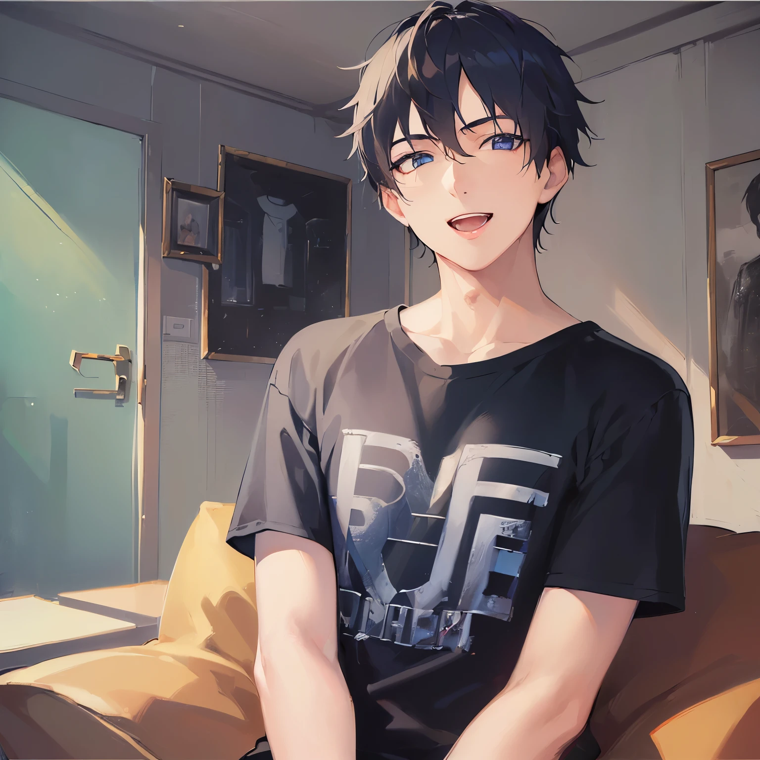 (looking at viewer:1.5)Upper Body,
shiny skin, masterpiece、Highest quality、
(25-year-old male:1.5) and (Black short hair) and (blue eyes),
(T shirts),
smile,open mouth,The background is the living room