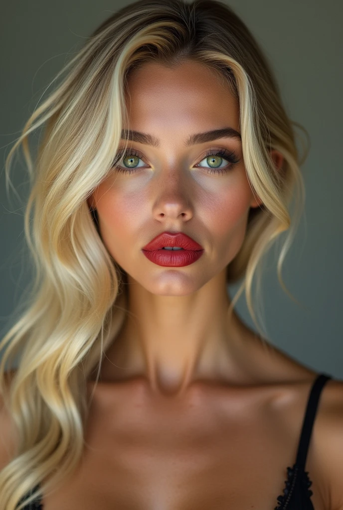 The photo is a 3/4 shot showing almost my full body, photo is taken from my hips, blonde hair big green eyes forehead is slightly arched, giving my face a distinctive shape. It flows seamlessly into my high, defined eyebrows. The bridge of my nose is straight and symmetrical, leading up to a pointed tip. My nostrils are small and delicate, adding character without being overwhelming. My cheekbones are prominent, highlighting my large, round eyes even further. My jawline is strong and defined, giving my face a masculine edge despite its feminine features. My neck is long and graceful, flowing effortlessly into my shoulders. Russian women big pumped lips red lipstick super big fake lips super size lips 45 Russian silicon face model, I have naturally developed some fine lines and wrinkles around my forehead. These imperfections only serve to make me appear more human and relatable. They give my face character and depth, contrasting beautifully against my otherwise flawless complexion. Despite these signs of wear, my overall appearance remains striking and irresistible. cleavage super glossy face Plus Size Elegant, I am completely nude, I have b cup breasts that are very firm and perky, my nipples are large and pink, my body is athletic with minimal body fat, the photo is taken from my hips up, showing my wide curvy hips and flat toned stomach, a hint of golden pubic hair is visible and the mound of my vagina, thigh gap