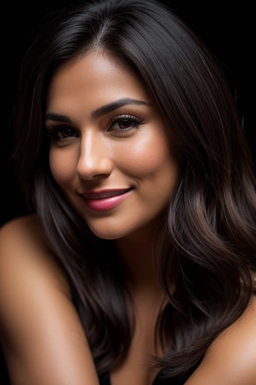 raw photography, brunette woman face, frontal ,happy expression, latino, black background, very realistic,PA7_Portrait-FL BREAK, 8k uh, DSLR, soft lighting, High quality, film grain, Fujifilm XT3, (((Ultra HD details, Ultra HD detailed, Ultra-HD-realistic, Ultra-HD-same-realistic-quality-details)))