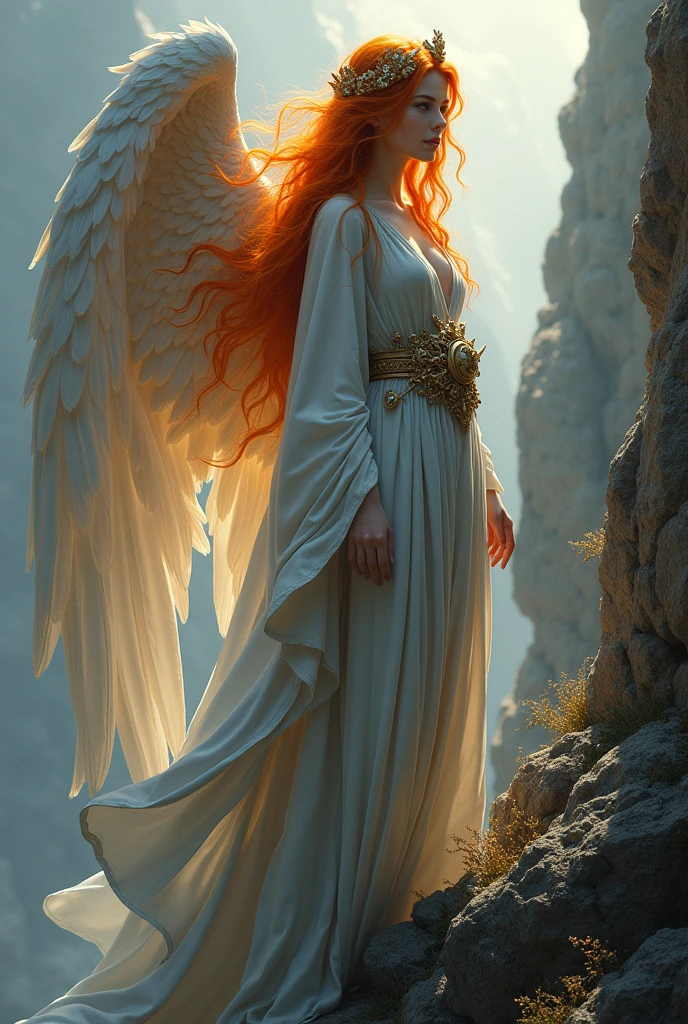 A fiery angel on a shadowy mountain, wearing a plain gray robe, with a close-up capturing the harmonious beauty between her breasts and the natural mystical ornaments, showing off your natural charm and outgoing personality.