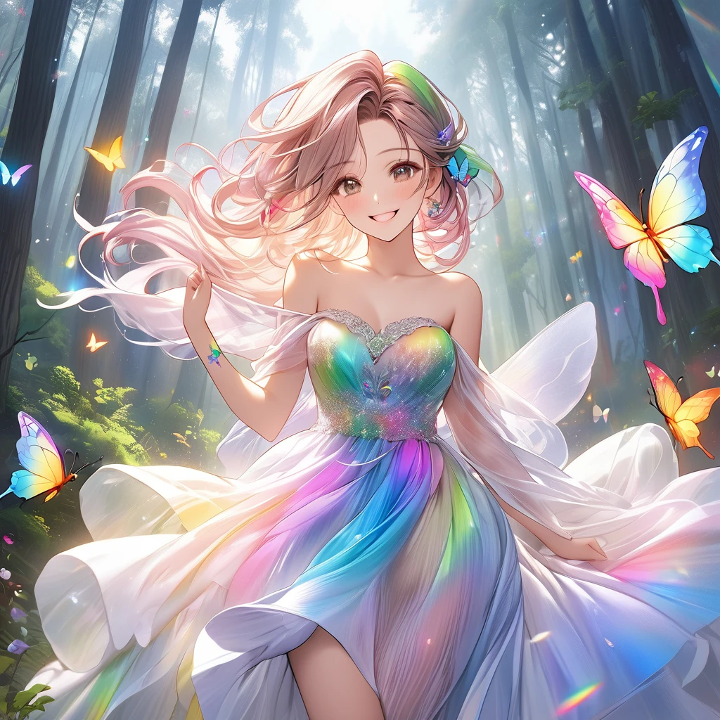 RAW Photos:1.2, masterpiece, Highest quality, 16K, Unbelievably absurd, Very detailed, Perfect beauty, Beautiful cute, A perfect smile、The sheer dress billows in the wind, Off the shoulder, Strapless, Rainbow gradient, The butterfly tattoo on her arm moves to appeal to the viewers., forest,