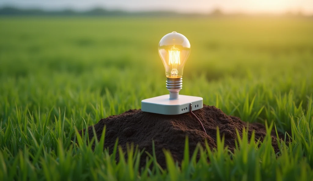 and depict the scene of generating electricity from soil in an innovative way with a single light bulb.(Small),。The scene should be in a field.。Please draw the background area larger using。Real request