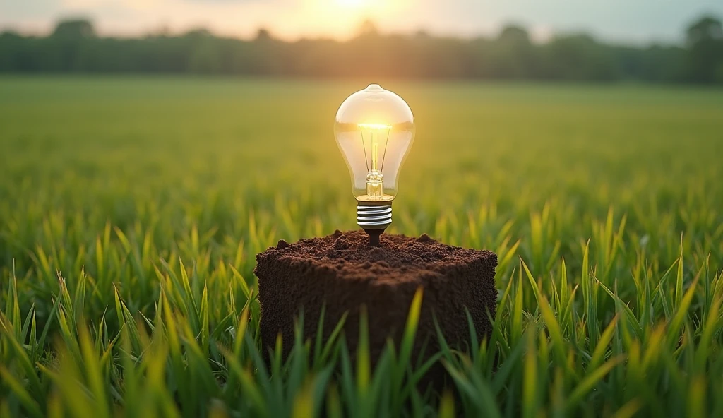 and depict the scene of generating electricity from soil in an innovative way with a single light bulb.（Small）,。The scene should be in a field.。Please draw the background area larger using。Real request