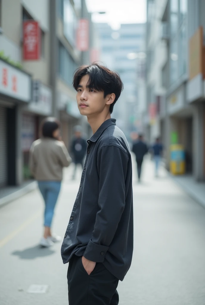 23 years old Japanese male university student center parted hairstyle I can see your forehead Simple clothing Clothing color(Monotony) Full body photo(So that your feet are visible) A photo taken unexpectedly profile Photo from afar place(City、人がいないplace) hands positioned(Do not put your hands in your pockets) Other shooting