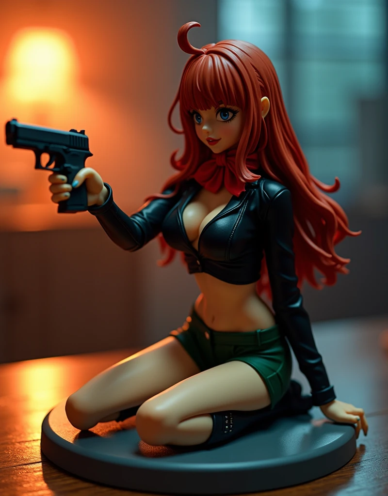 (((masterpiece))), (((Highest quality))), ((Very detailed)), (photograph), (photo:1.2) of an action figure of famous redhead anime "Fujiko Mine". She's in a sexy, alluring and attractive pose kneeling on the ground. She holds a gun, wears a tight black shirt with cleavage and a tight green mini skirt, black boots. The girl has a red floulard around her neck with a bow knot. She's aiming to a target out of the frame. The action figure is resting on a gray plastic pedestal on a wooden table. Cinematic lights. Masterpiece, best quality, 8K, photo realistic, wallpaper, wallpaper 8k, photographic contest winner, Hyperrealistic art cinematic film still photography in the style of detailed hyperrealism photoshoot. [Entire scene is surrounded by lights, evoking a magical and eerie atmosphere. The lighting is bright and atmospheric, with smoke adding a touch of sinister ambiance. Best quality image, HDR enhancement, showcasing the utmost level of detail and realism]. [8K, Best Quality, Ultra High Resolution, (highly detailed CG unity 8k wallpaper), (best photo), (best shadows), isometric 3D, octane rendering, ray tracing, highly detailed, (Best quality, 4K, 8k:1.2), absurdity, ultra detailed, (realistic, photorealistic, photorealistic:1.37), complex parts, HDR, (complex parts:1.12), (hyper detailed, hyper realistic, Soft lighting, spicy:1.2), (complex parts, Hyper detailed:1.15). Blurred foreground. (backlit), masterpiece, high quality, brightness, chromatic aberration, foggy smoke, shadows, contrast, clear sky, (warm hue, warm tone), high details, natural reflections].