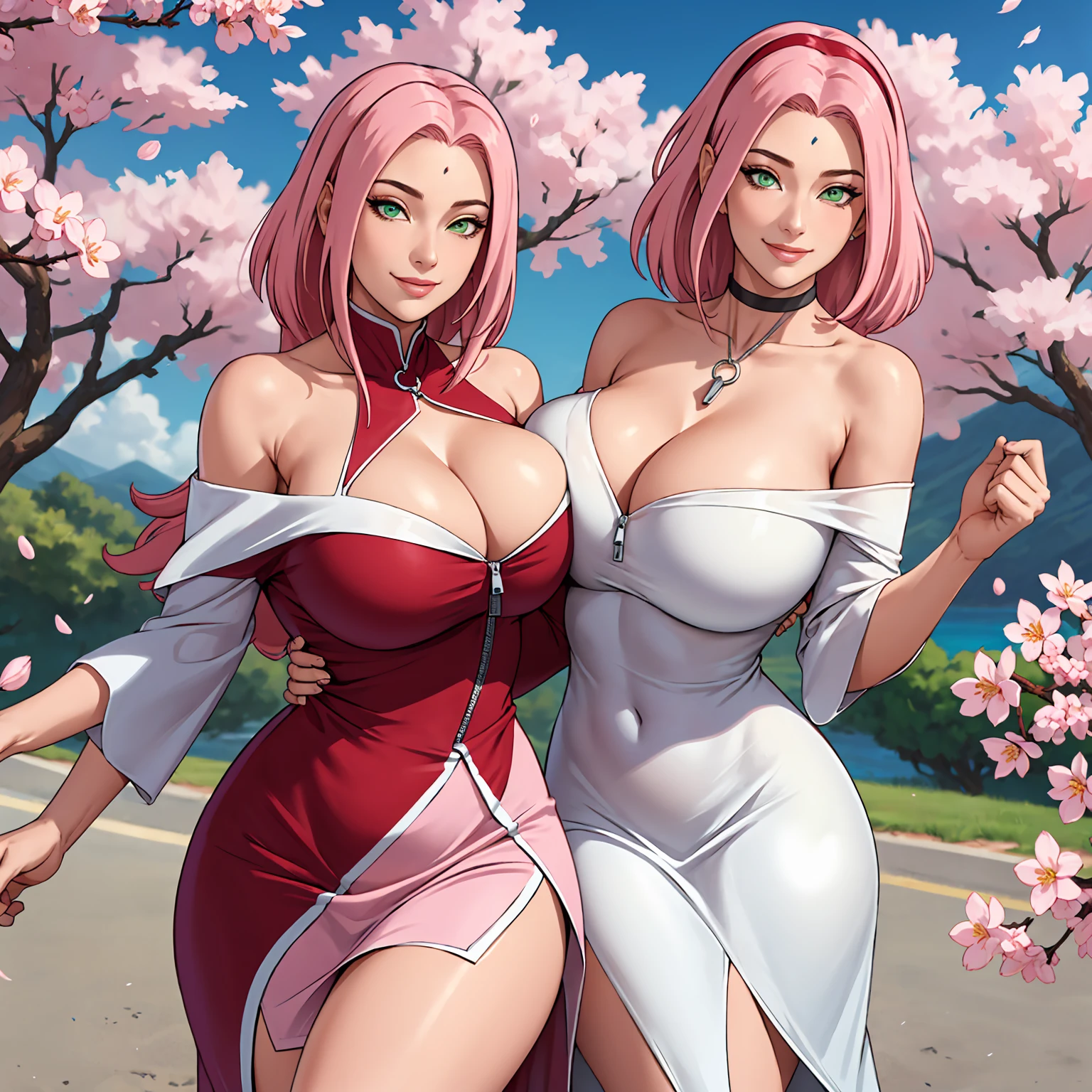 (((sexy off shoulder dress))), masterpiece, The best quality at the best, 1 girl, Sakura Haruno, (((huge breasts))),((bare shoulders)),(((((neckline))))),(Closeup of upper body),sexy,Is shy,smile,with pink hair, Long whitish hair, (green eyes:1.4), forehead protection, The cherry trees,cherry blossoms flying, ((((busty figure)))), :1.1, :1.1, Ahegao:1.1,(huge ),Half zipper, showing her big tits, looking at the viewer, beautiful eyes, smile seductora sexy, sensual beauty, girl sole, perfect tits