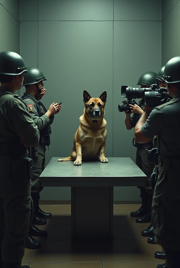 Change tbis image with the dog sitting at the middle seat. Get the soldiers on one side of the table. Add journalists on the opposite side with cameras aimed at soldiers. Make the room a holding cell