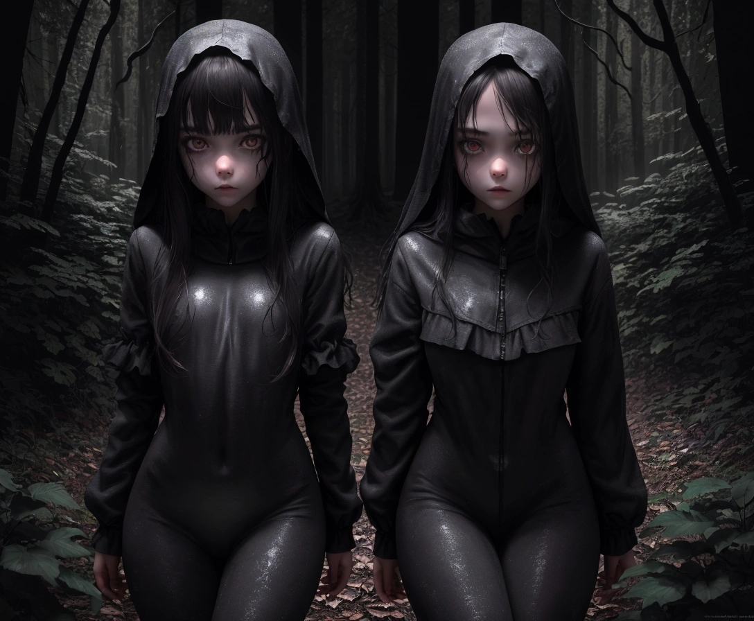 ((best quality)), ((masterpiece)), (detailed), slimegirl,masterpiece, best quality, (dark photo:1.3),fullbody, photorealistic, stunning innocent symmetry face, emotional, 2 cute teenage girls in the distant, fullbody, detailed face, beautiful detailed eyes,stalking throughout a dark forest,terrifying,terrified, dark and creepy night,stalking in the distant, secluded,fullbody
