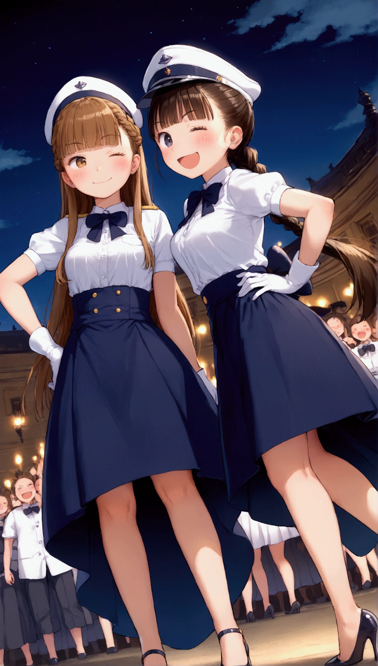 {Highest quality}, {Super beautiful},{Ultra fine},{Best illustration},Brown Hair,Hime cut,Braid,long hair,ponytail,Two Women,Standing Woman,Strike a pose,Adult women,smug face,Excited face,Wink,Uniform cap,White shirt,Short sleeve,Black long skirt,White gloves,Black stiletto heels,Night Park,crowd,Blushing,Slender,From an angle,Spread your legs,Put one hand on your hip