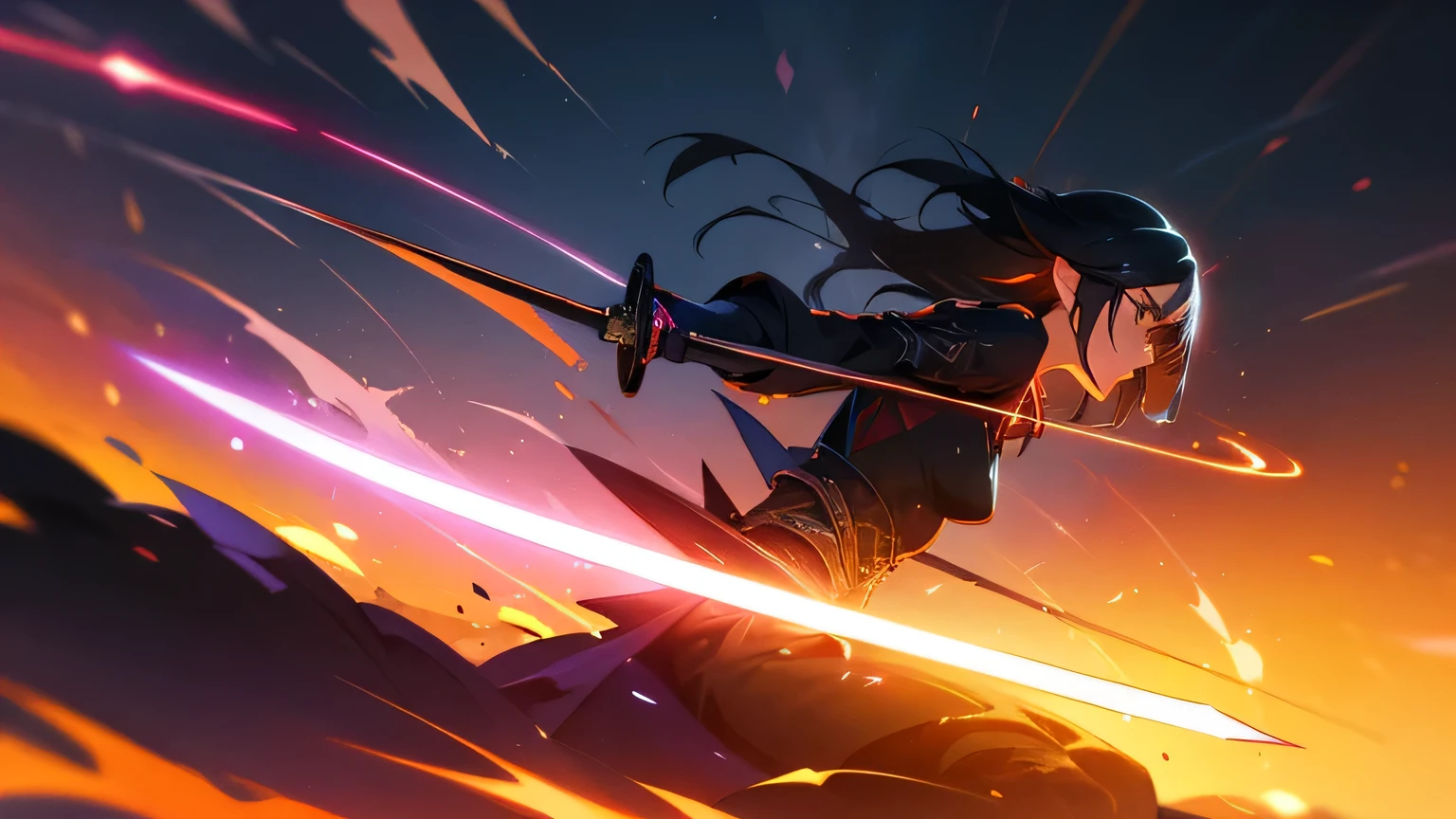 a sword slash attack effect, 1girl, elegant katana, dynamic motion blur, glowing energy trail, dramatic lighting, cinematic composition, vibrant colors, digital art, concept art style, highly detailed, 4k, photorealistic
