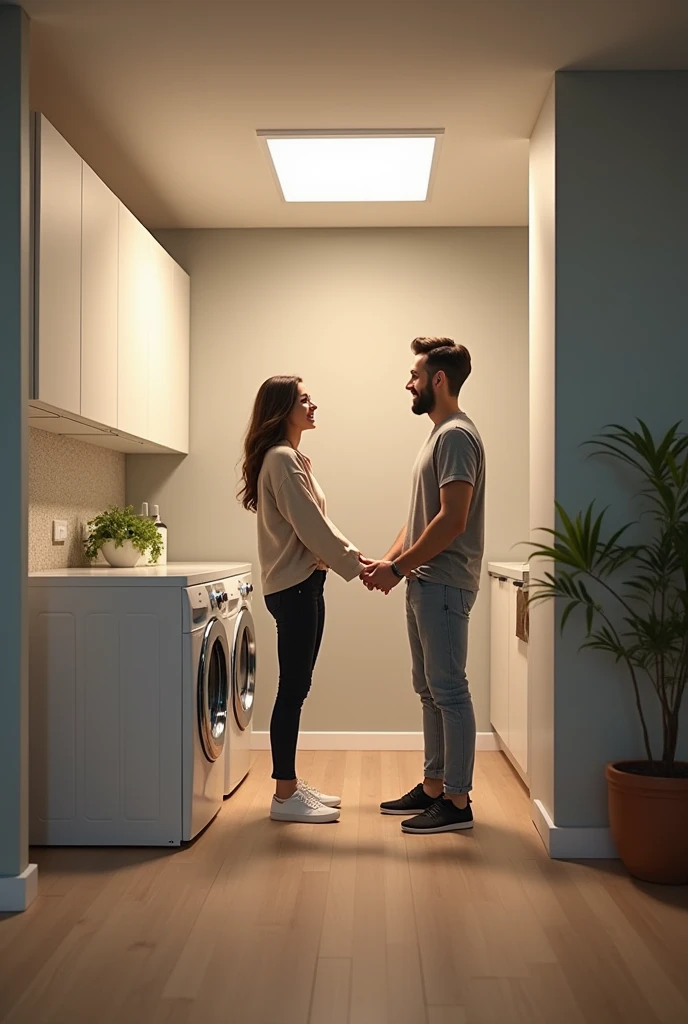 Happy married couple viewing a space in their apartment laundry section without washing machines in the background where they could place a product with dimensions of 189 cm high