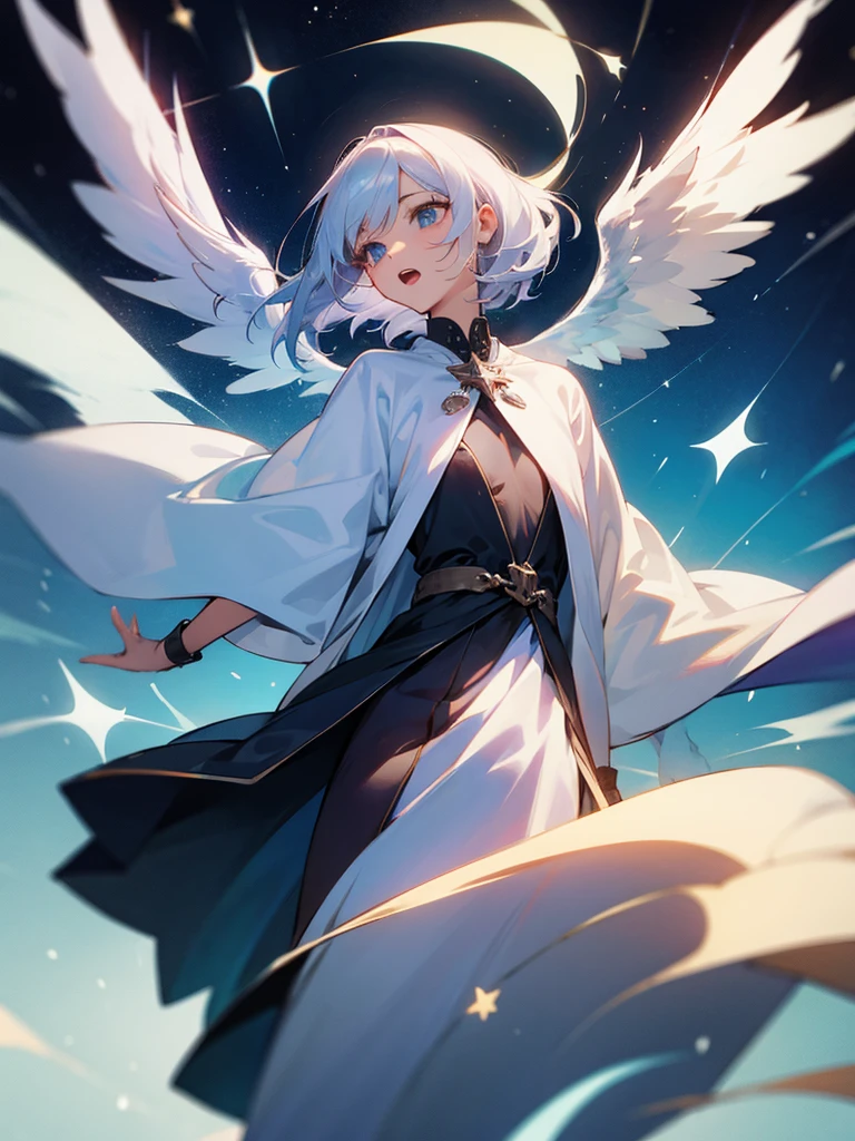 One person, Open your mouth, Shortcuts, Angel,Character portrait,whole body,accurate, Silver Hair, chest, Stars in the Sky, through,