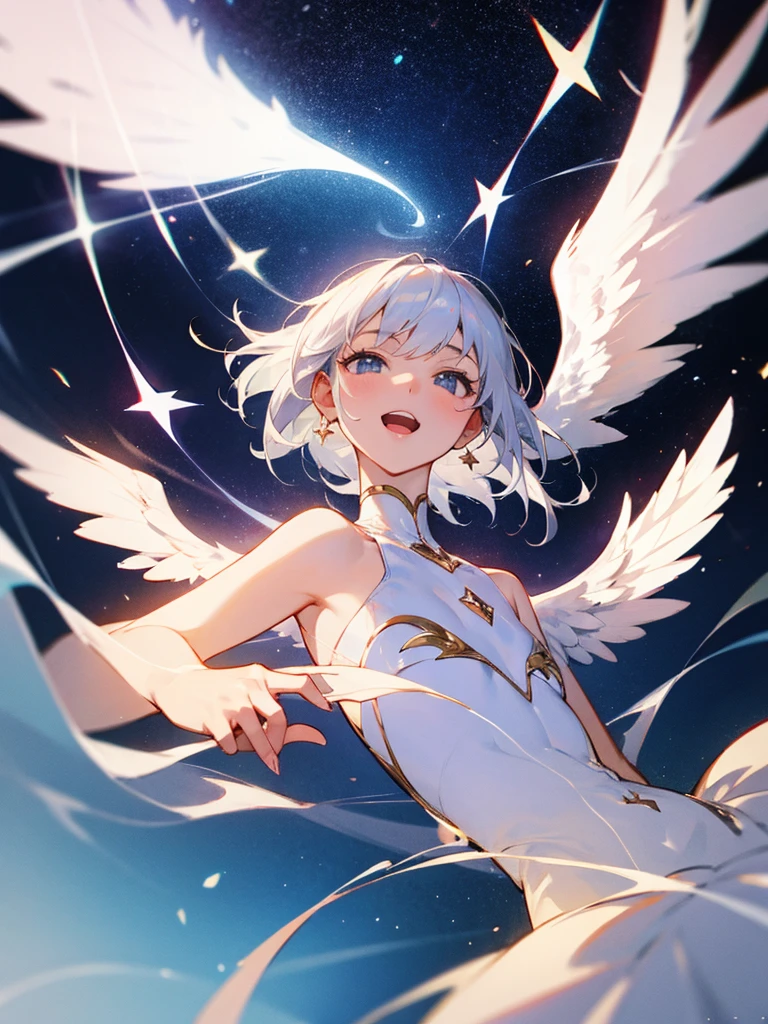One person, Open your mouth, Shortcuts, Angel,Character portrait,whole body,accurate, Silver Hair, chest, Stars in the Sky, through,
