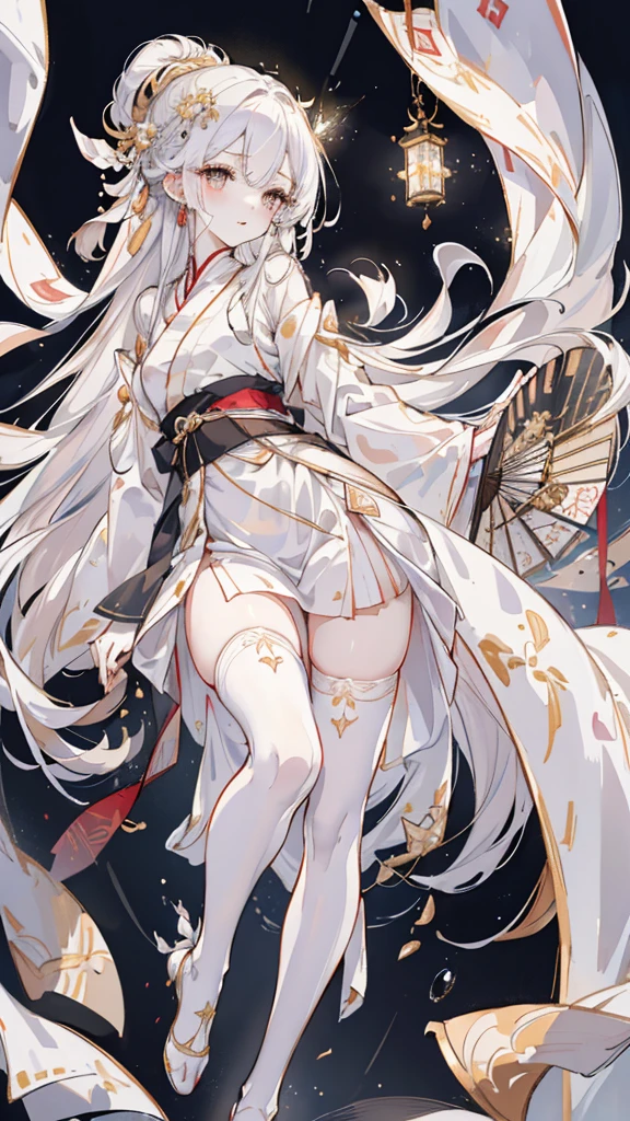 (best quality, High resolution, Super detailed:1.2), beautiful long white hair, Stunning golden eyes, Beautifully designed white folding fan, Bailongjiao, elegant lights, pastel color palette，White Hanfu，white stockings