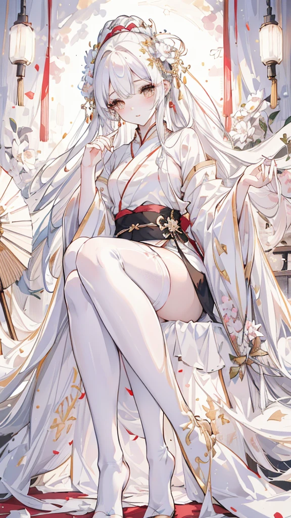 (best quality, High resolution, Super detailed:1.2), beautiful long white hair, Stunning golden eyes, Beautifully designed white folding fan, Bailongjiao, elegant lights, pastel color palette,White Hanfu,white stockings