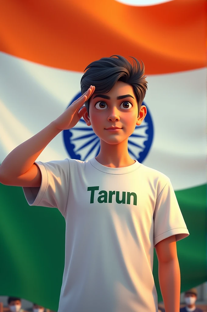 There is a age boy, his name on his T-shirt is Tarun, he is standing in front of the Indian flag and saluting it