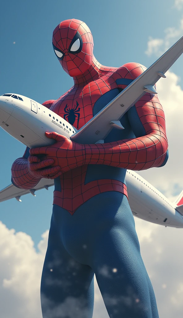 Giant Spiderman with his mask on hug Airplane on the sky