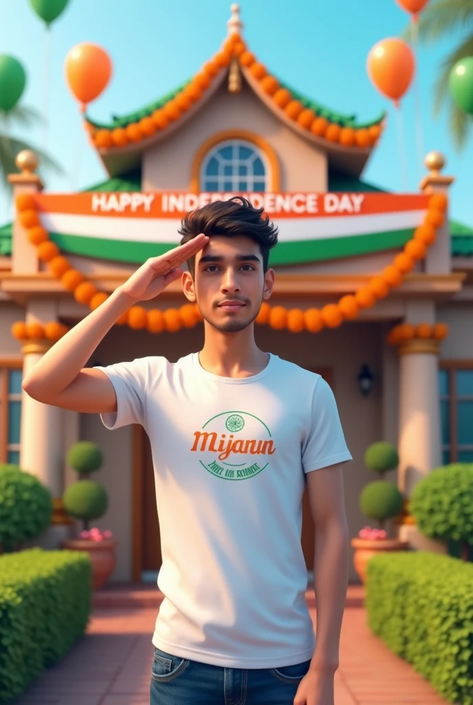 A real 20 year old boy , wearing a white "Mijan" T-shirt stands in front of a house decorated with Indian flags and tricolor balloons, saluting for an upcoming Independence Day celebration. The house has a large banner that reads "HAPPY INDEPENDENCE DAY 2024 and make sure text should be correct.