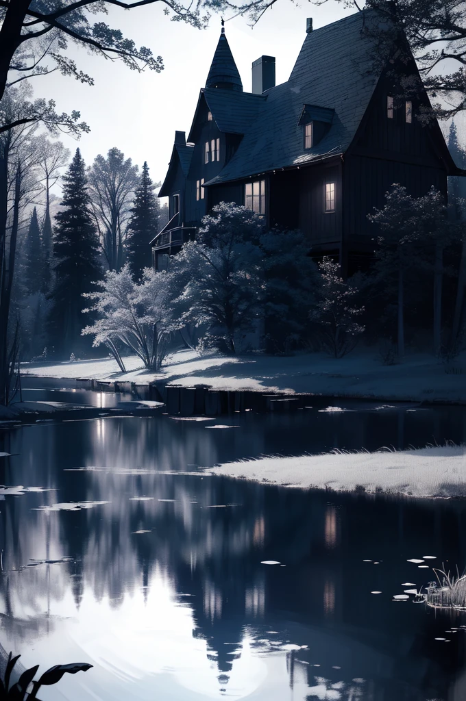 ( serene pond reflecting the moonlight, with a solitary house surrounded by tall trees in the background, under a midnight sky, in the style of realism with dark fantasy elements, a mysterious and quiet atmosphere, intricate shadows, soft and eerie lighting, the moon casting a gentle glow over the dark environment, with delicate details on the trees and house, cinematic composition, ultra-realistic textures, UHD quality —ar 2:3 —v 5.1