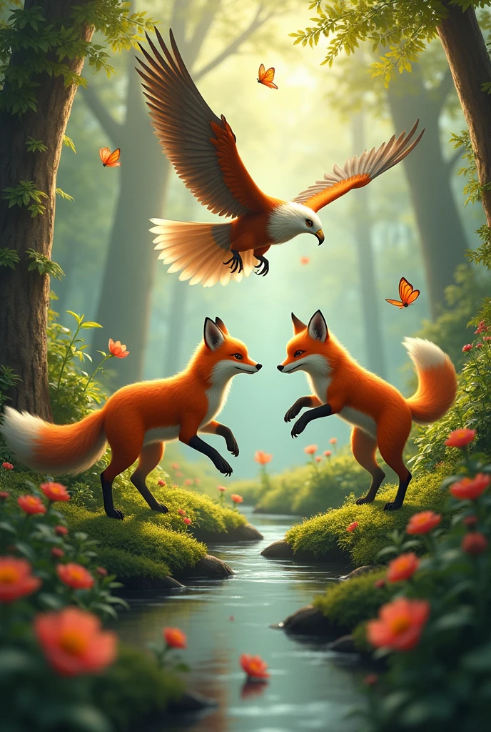 Fox and eagle playing in the forest