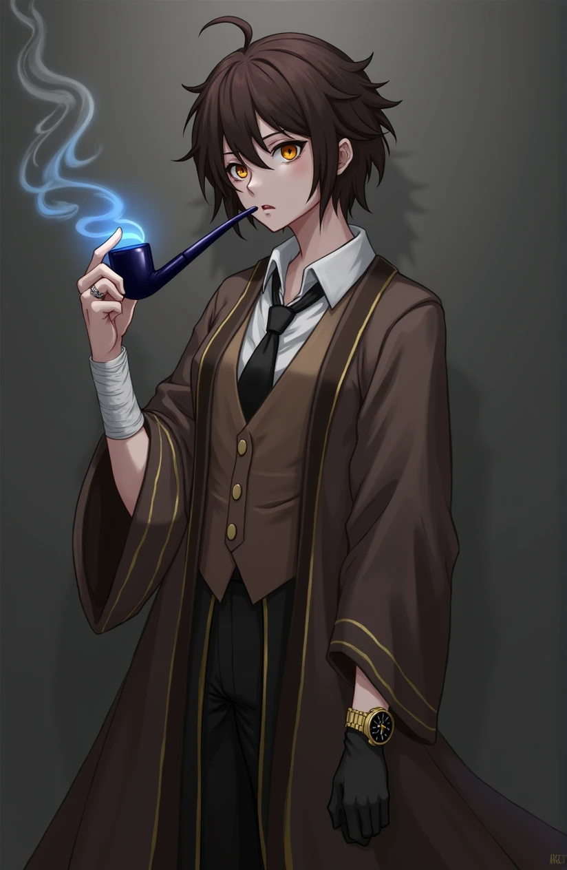 1 tomboy, solo, amber eyes, short brown hair, brown vest, (whit shirt:1.1), black tie, (blue robe with gold trim along the edge:1.2),1 dark blue smoking pipe with blue flame in left hand, gloomy face, bandaged left hand, watch on left hand,
