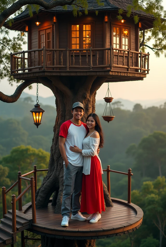16k photography, realistic image, sharp full HD, facing the camera, an Indonesian man wearing a white and red t-shirt, wearing a gray hat, wearing cargo pants, wearing white sneakers, next to him a beautiful Indonesian woman, wearing a white and red dress . The two stand on top of a tall tree house (with windows, chandeliers, and hanging pots), smiling. Evening atmosphere