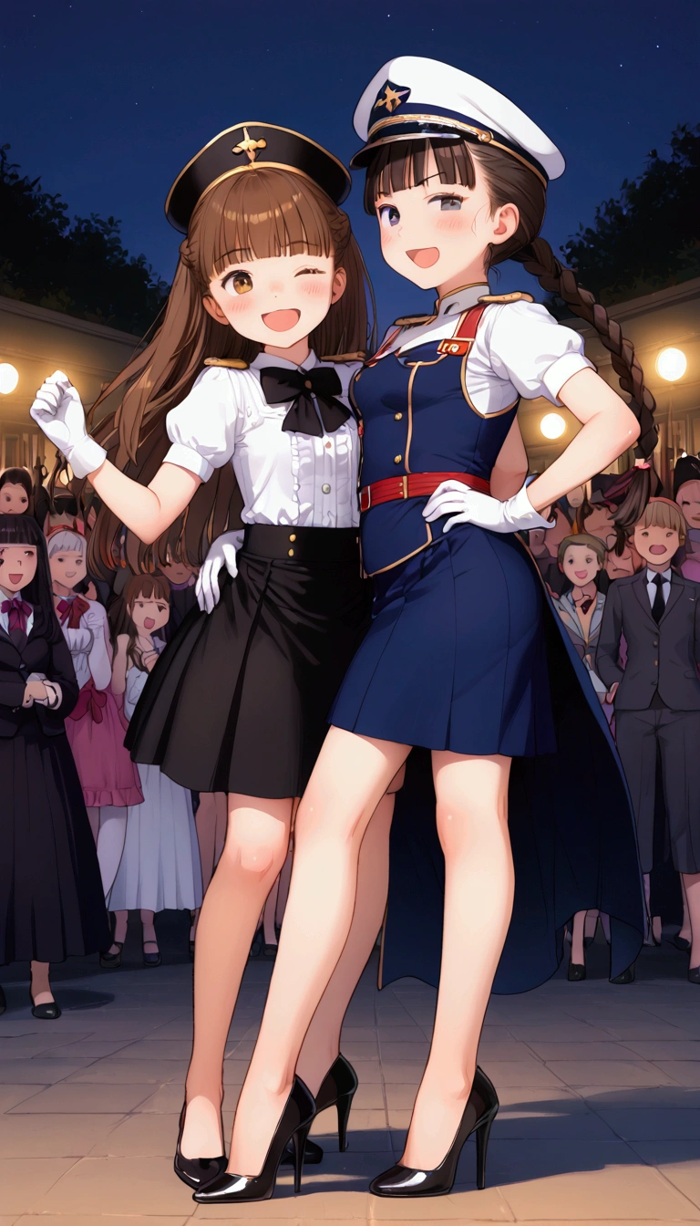 {Highest quality}, {Super beautiful},{Ultra fine},{Best illustration},Brown Hair,Hime cut,Braid,long hair,ponytail,One woman,Standing Woman,Strike a pose,Adult women,smug face,Excited face,Wink,Uniform cap,White shirt,Short sleeve,Black long skirt,White gloves,Black stiletto heels,Night Park,crowd,Blushing,Slender,From behind,Spread your legs,Put one hand on your hip
