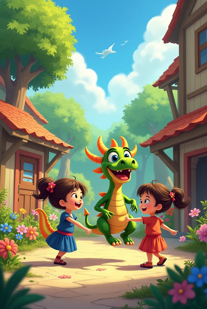 A colorful and cheerful courtyard of the Forest School with children of diverse appearances, Dressed in vibrant clothes, Playing with a toy. In the center of the image is Drago, The little green dragon with bright wings, Having a fun dance. Children, Surprised and happy, Joining the game. The sky is blue and sunny, With magical trees and flowers around that add a magical and cozy atmosphere.