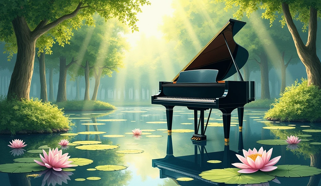 Black grand piano、The statue is placed in front of a pond with blooming water lilies.。Drawn in a realistic watercolor style throughout、There is a quiet atmosphere。The piano is surrounded by lush trees and bushes.、It depicts a corner of a beautiful garden with sunlight streaming in.。