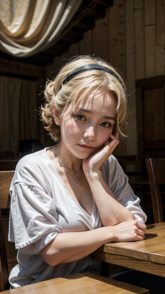 Old woman, sitting, showing only her face, with hands on the table, looking at the camera, attractive background, attractive scenery, soft film lighting, epic lighting, high detail, ultra high definition, 8k,